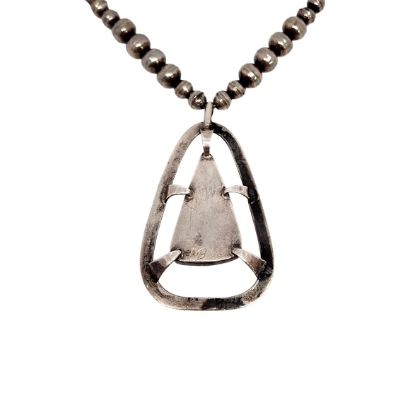 Native American Signed MB Silver Bead Necklace Large Turquoise Pendant #13373 - Picture 3 of 9